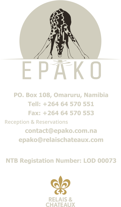 PO. Box 108, Omaruru, Namibia Tell: +264 64 570 551 Fax: +264 64 570 553 Reception & Reservations contact@epako.com.na epako@relaischateaux.com   NTB Registation Number: LOD 00073